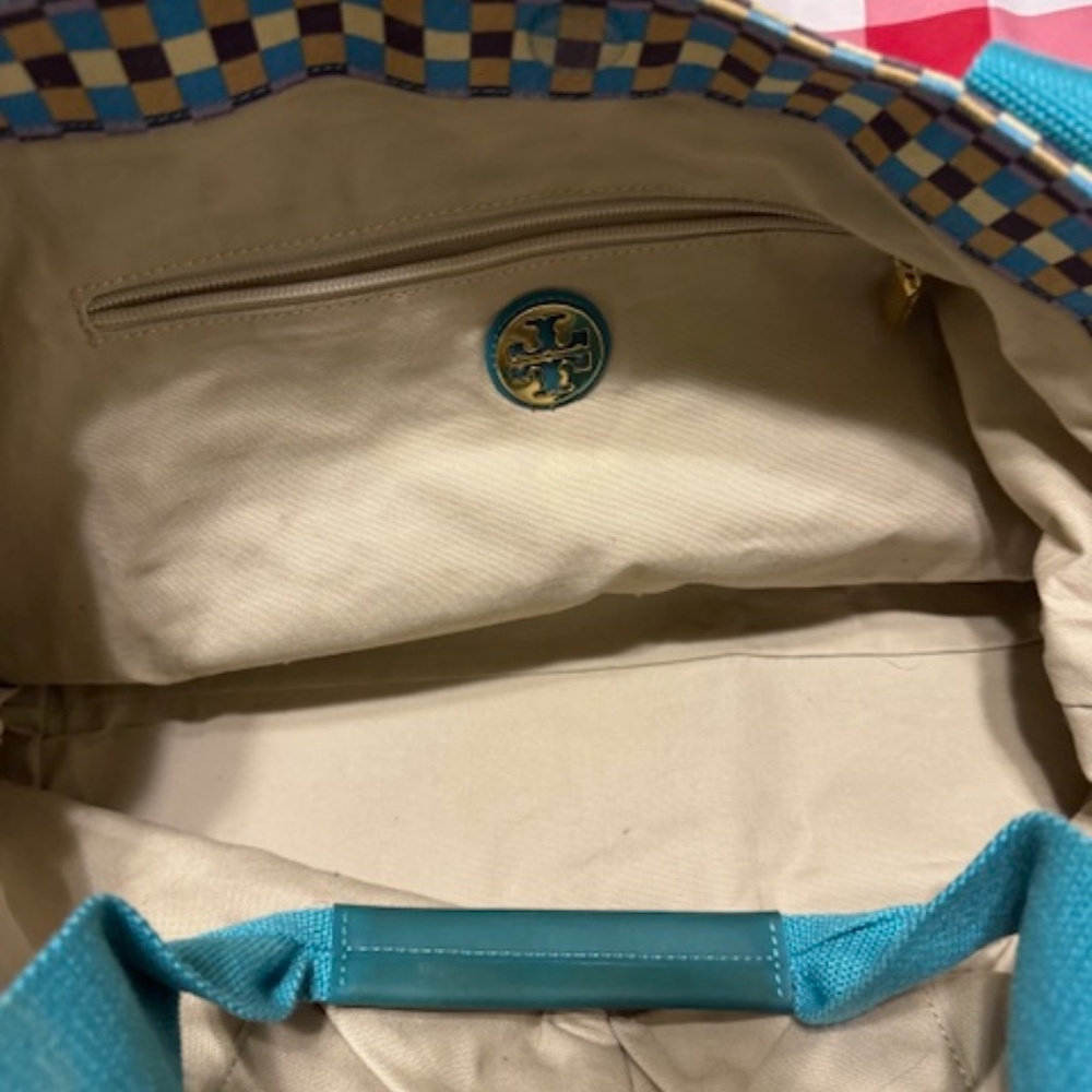 Tory Burch Multicolor Check Canvas Tote with Teal Trim - Picture 3 of 4